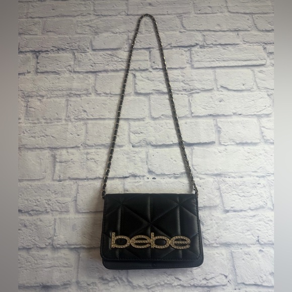 bebe Handbags - Bebe Black Quilted Crossbody Bag with Chain Strap.